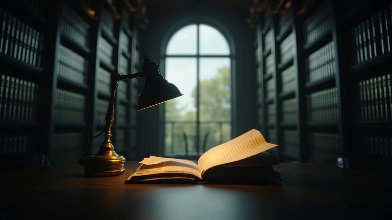 Law library desk lamp used as the legal page editorial cover