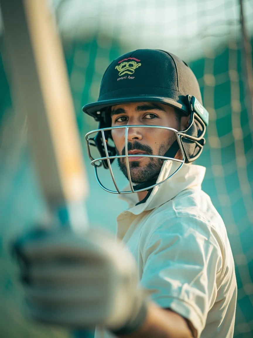 Batsman mid-drill in a practice net, used as a cutout for an all-rounder batting role